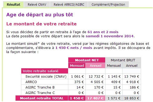 Spécimen Dossier Simul-retraite.fr : Tableau détails